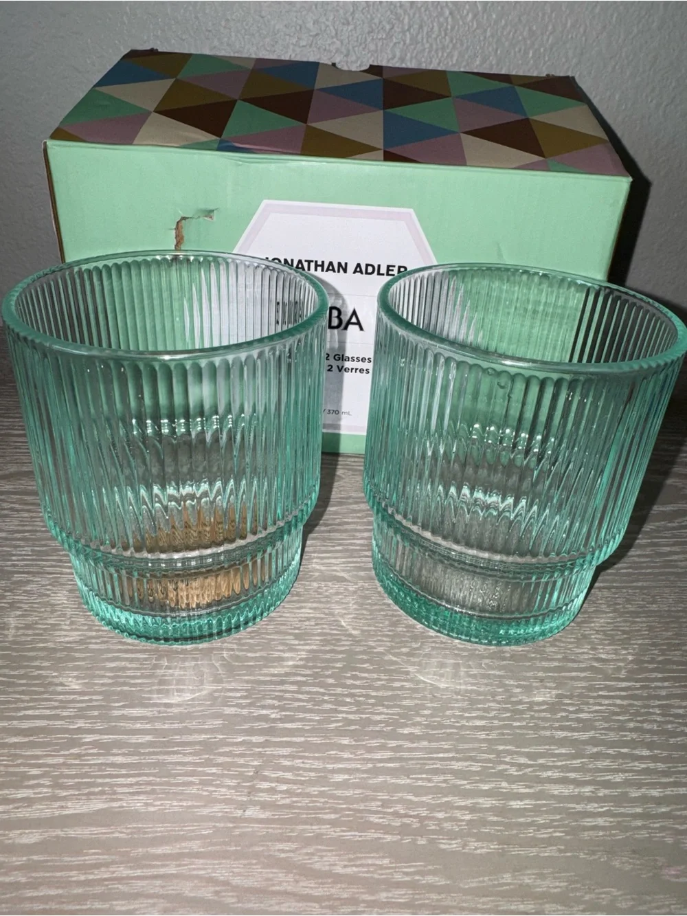 New Jonathan Adler Biba Glasses Ribbed Aquamarine 13oz Set of 2 in Box Brand New